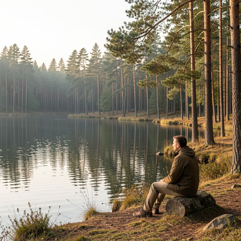 Person seated quietly at the edge of a still lake surrounded by tall pine trees, gazing at the calm water in early morning light, conveying contemplation, solitude, and a thoughtful relationship with nature