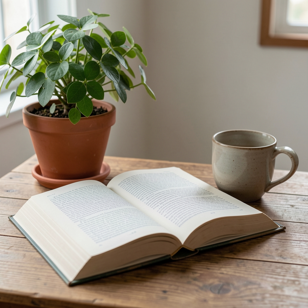 Open book resting on a wooden surface beside a potted plant and a ceramic cup in soft diffused natural light, evoking the atmosphere of unhurried intellectual reading and knowledge exploration