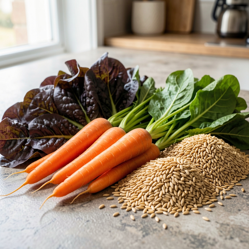 Colorful selection of fresh seasonal produce including vibrant orange carrots, dark leafy greens, and golden whole grains arranged on a textured kitchen surface in natural light