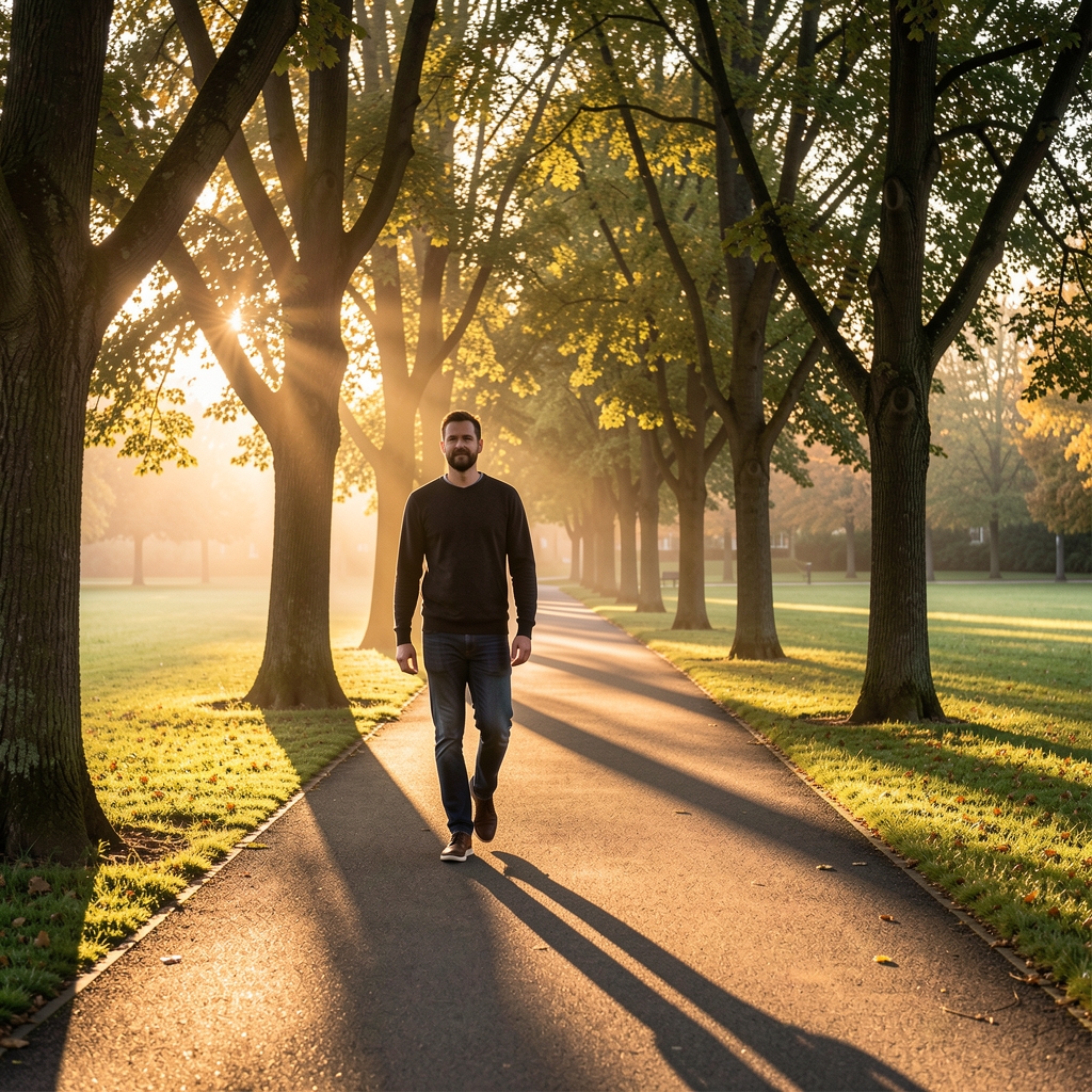 Peaceful morning scene with a man walking slowly along a tree-lined path at sunrise, long shadows stretching across a quiet park, conveying the rhythm of a consistent daily routine