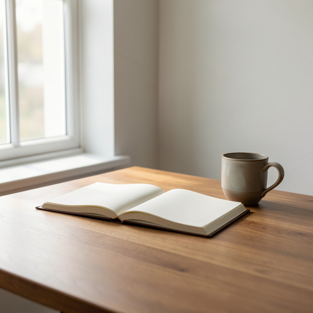 Minimalist organized workspace with a wooden desk, open notebook, a ceramic cup, and soft daylight streaming through a nearby window, conveying calm communication and thoughtful correspondence