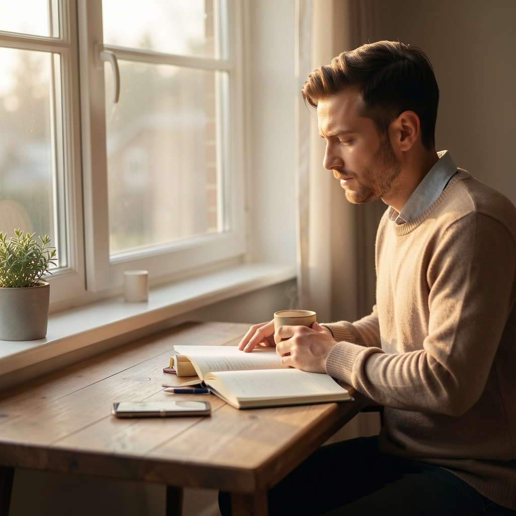Early morning quiet scene of a man sitting at a wooden desk near a window with a warm cup, a journal open in front of him, natural light softly illuminating the room, suggesting intentional morning routine