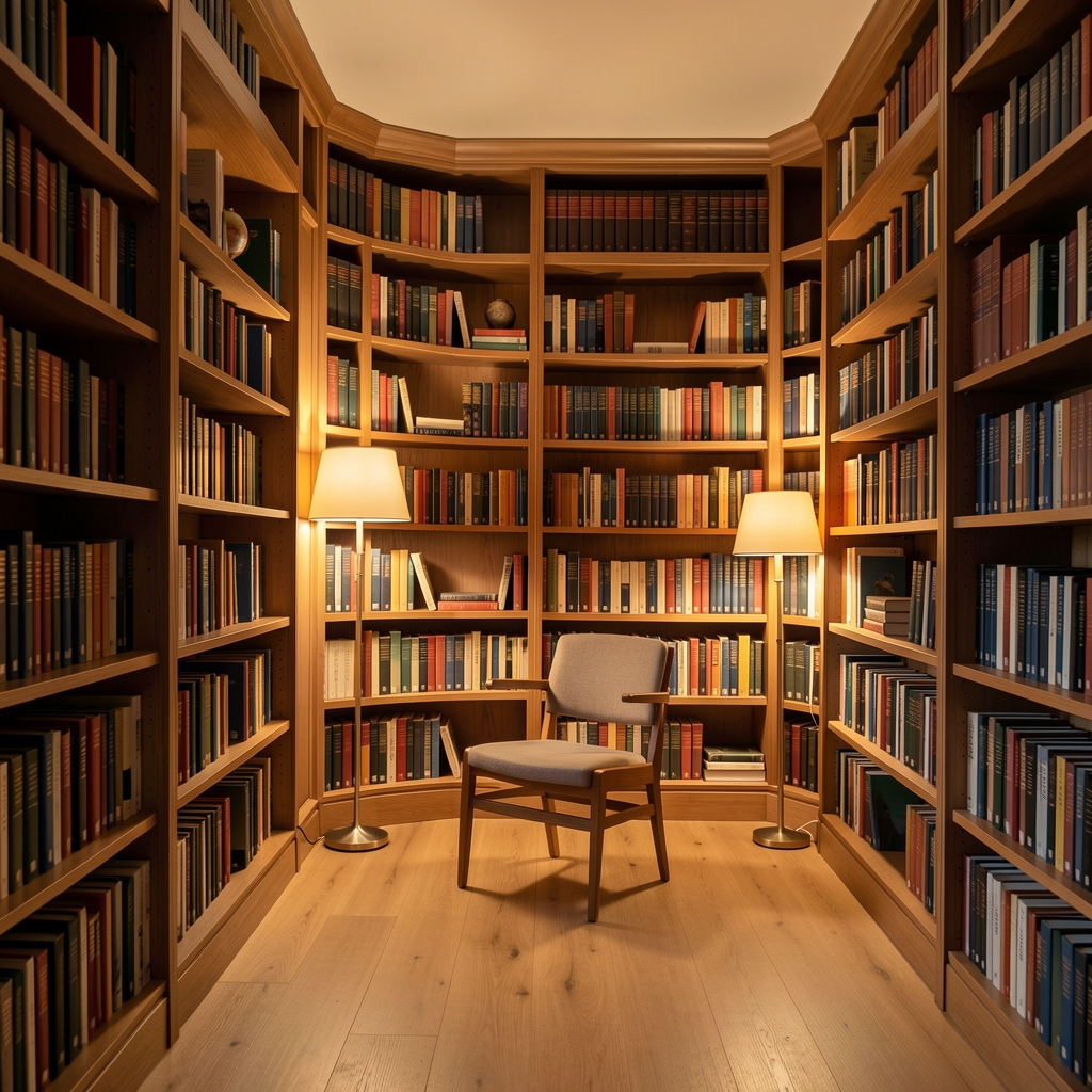 Calm open library reading room with warm lamp light, wooden shelves filled with books, and a single empty chair suggesting quiet reflection and measured study